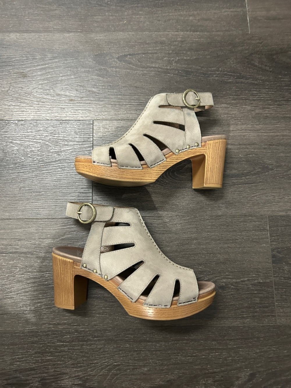 Dansko Demetra Taupe Block Heel Cutout Peep-Toe Sandals - Picture 2 of 7